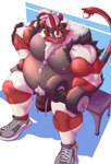 absurd_res anthro belly bodily_fluids bottomwear bulge chibsarts clothed clothing dreadlocks dumbbell exercise facial_piercing footwear fur generation_7_pokemon hair hi_res incineroar male moobs multicolored_hair muscular muscular_anthro muscular_male nintendo nipples nose_piercing overweight overweight_anthro overweight_male piercing pokemon pokemon_(species) ponytail red_hair shiny_pokemon shoes shorts sitting solo striped_body striped_fur stripes sweat topless weightlifting weights white_body white_fur white_hair workout
