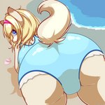 all_fours anthro ass_up beach big_butt blonde_hair blue_eyes blue_one-piece_swimsuit butt butt_focus camel_toe clothed clothing conch day detailed_background dipstick_ears ear_markings female foreshortening furgonomics glistening glistening_clothing glistening_hair glistening_swimwear hair high-angle_view loli looking_at_viewer looking_back looking_up multicolored_ears one-piece_swimsuit outside pink_hairband pink_nose rear_view seashell seaside shadow shell solo swimwear thick_thighs water wave young young_anthro maverick bertha_(maverick) deer mammal new_world_deer pudu 1:1 2023 hi_res