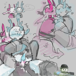 :3 >_< antlers blocky_body blush bodily_fluids clothed clothing cum cum_in_ass cum_inside cum_on_leg duo ear_tuft eyes_closed eyewear facial_horn genital_fluids genitals glasses gloves handwear heart_symbol horn long_ears making_out male male/male on_lap penis screencap spiked_tail spikes spikes_(anatomy) surprised sweat tail thought_bubble tongue tongue_out tuft wearing_glasses quwdu4 phighting roblox medkit_(phighting) subspace_tripmine_(phighting) deer demon humanoid inphernal mammal robloxian 1:1 hi_res sketch