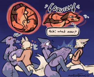 anthro belly_rub blush fur group heart_symbol internal male male/male purple_body purple_fur struggling struggling_prey tail tail_motion tailwag tan_body tan_fur trio unwilling_prey vore mollietown canid canine canis fox mammal wolf hi_res