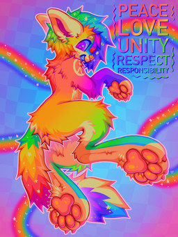 ambiguous_gender checkered checkered_background feral fur grin hair multicolored_body multicolored_fur multicolored_hair multicolored_tail pattern_background pawpads paws peace_symbol plur_(slogan) purple_eyes rainbow rainbow_body rainbow_fur rainbow_hair rainbow_tail rainbow_text simple_background smile solo sparklefur tail text m1ss1ngtexture sonar_(m1ss1ngtexture) canid canine canis domestic_dog mammal 2025 3:4 colorful_theme full-length_portrait hi_res portrait