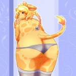 animal_print anthro bent_over blonde_hair braided_hair butt clothed clothing female giraffe_print hair horn legwear looking_at_viewer looking_back ossicone panties raised_tail rear_view simple_background slightly_chubby solo stockings tail topless translucent translucent_clothing underwear maverick milk_(maverick) bovid bovine cattle giraffe giraffid hybrid mammal 1:1 hi_res