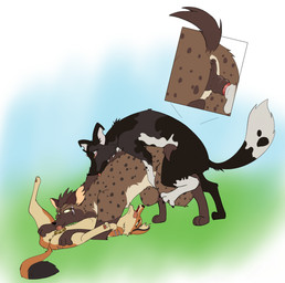 all_fours anatomically_correct anatomically_correct_genitalia anatomically_correct_vulva animal_genitalia animal_vulva ass_up bisexual bodily_fluids brown_pseudo-penis canine_genitalia canine_vulva claws close-up cunnilingus dipstick_tail doggystyle drooling female female/female feral feral_on_feral from_behind_position fur genitals group group_sex interspecies looking_pleasured lying male male/female markings multicolored_tail on_back open_mouth oral pawpads penetration penis penis_in_pseudo-penis pseudo-penile_penetration pseudo-penis pseudo-urethral_penetration raised_leg rounded_back saliva sex spots spotted_body spotted_fur spread_legs spreading tail tail_markings threesome toe_claws tongue tongue_out trio vaginal vaginal_penetration vulva theoryofstrings kifedakobe_(darfix) kihtawi_(darfix) kinshaya_(darfix) african_wild_dog canid canine dhole hyena mammal spotted_hyena hi_res