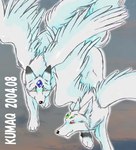 blush claws duo eyelashes female feral fluffy fluffy_tail flying fur fur_markings green_eyes grey_body grey_fur looking_ahead male markings paws red_eyes sheek_tuft smile spread_wings tail text white_body white_fur wings kazuteru_inui alita_(kazuteru_inui) canid canine canis mammal wolf 2004 digital_media_(artwork) low_res watermark