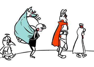 anthro backpack beak cape cloak clothing female group hat headgear headwear hood machine male propeller_hat side_view simple_background top_hat walking white_background inkyfrog five_nights_at_freddy's five_nights_at_freddy's_2 scottgames balloon_boy_(fnaf) mangle_(fnaf) toy_bonnie_(fnaf) toy_chica_(fnaf) toy_freddy_(fnaf) animatronic avian bear bird canid canine chicken fox galliform humanoid lagomorph leporid mammal phasianid rabbit robot 2016 partially_colored