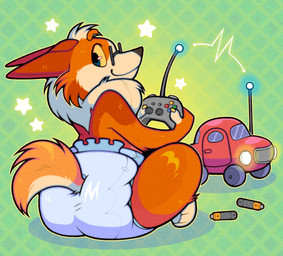 abdl anthro car controller diaper eyewear fur glasses looking_back male neck_tuft nub_tail orange_body orange_fur playing rc_car rear_view remote_control simple_background sitting solo toy tuft vehicle dragonpatches allen_the_corgi canid canine canis domestic_dog herding_dog mammal pastoral_dog welsh_corgi absurd_res hi_res