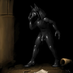 anthro container dreadlocks flaccid genitals jar latex male map penis simple_background solo tomb transformation wand suule egyptian_mythology middle_eastern_mythology mythology anubis anubian_jackal canid canine canis deity jackal mammal 1:1