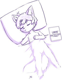 5_fingers anthro eyebrows eyes_closed fingers hair inner_ear_fluff male pillow sleeping solo tablet tuft young young_anthro young_male aogami canid canine fox mammal absurd_res comic hi_res line_art monochrome
