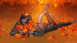 anthro autumn bangs blue_hair bottomwear clothed clothing dark_hair denim denim_bottomwear denim_clothing detailed_background dragon_tail eyes_closed female forest hair happy holding_leaf horn jacket jeans leaf leaf_on_head lying no_shoes on_front orange_background pants plant scales scarf sharp_teeth simple_background smile solo straight_horn tail teeth topwear tree eliana-asato european_mythology mythology ena_(eliana) dragon mythological_creature mythological_scalie scalie western_dragon 16:9 digital_media_(artwork) widescreen