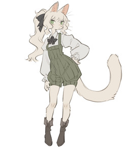 accessory anthro boots bottomwear bow_ribbon clothing collared_shirt female footwear frilly frilly_clothing fur green_clothing green_eyes green_shirt green_topwear hair hair_accessory hair_ribbon hand_on_hip long_ponytail long_sleeves looking_at_viewer overalls pantaloons pink_nose ponytail pupils ribbons shirt shoes short_overalls shorts slit_pupils solo standing tail topwear wavy_hair whiskers white_body white_clothing white_fur white_hair white_shirt white_topwear tateoftot domestic_cat felid feline felis mammal hi_res