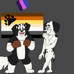 anthro bear_pride_colors bisexual_pride_colors black_body black_ears black_eyes black_fur black_nose black_spots black_tail blush brown_clothing brown_gloves brown_handwear clothing duo front_view fur gloves grey_background half-closed_eyes hand_on_mouth handwear happy lgbt_pride looking_at_another love male male/male markings multicolored_body multicolored_fur narrowed_eyes pose pride_colors simple_background smile spots spotted_body spotted_fur standing tail teeth tongue two_tone_body two_tone_fur two_tone_tail white_body white_fur white_tail beargarbage bluey_(series) lgbt_pride_month frank_(bluey) mackenzie's_dad_(bluey) border_collie canid canine canis collie dalmatian domestic_dog herding_dog mammal pastoral_dog sheepdog 1:1 2023 digital_media_(artwork) hi_res