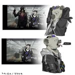 anthro clothing collar duo ear_piercing fur grey_body grey_fur hair jacket male piercing topwear nigirikobushi2 arknights hypergryph studio_montagne midnight_(arknights) spot_(arknights) humanoid hyena mammal spotted_hyena 1:1 2024 hi_res