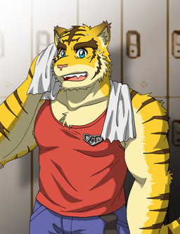 anthro armpit_hair biceps blue_eyes bodily_fluids body_hair bottomwear chest_tuft clothing eyebrows fur locker locker_room looking_at_viewer male markings muscular muscular_anthro muscular_male open_mouth pants pecs sharp_teeth shirt solo stripes sweat tail tank_top teeth thick_eyebrows topwear towel towel_around_neck tuft fruitz morenatsu torahiko_ooshima felid mammal pantherine tiger 2008 colored