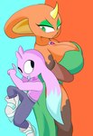 anthro big_breasts breasts clothing dress duo female footwear fur jewelry male male/female necklace orange_body pink_body simple_background unknown_artist brall_(pinkshonen) qper_(pinkshonen) cobra lagomorph leporid mammal rabbit reptile scalie snake