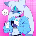 >:3c anthro belt blue_eyes clothed clothing coat collar crop_top electronics emoji emoticon female fingerless_gloves gloves handwear jacket milk mischievous mischievous_smile phone puffy_jacket shirt smile solo spiked_collar spikes studded_belt studs topwear white_body princesspukey palworld pocketpair humanoid lunaris_(pal) mammal pal_(species) 1:1 2024 digital_media_(artwork) half-length_portrait hi_res portrait