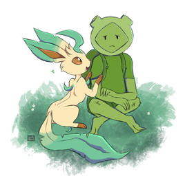 2_toes 3_fingers backpack big_tail brown_eyes crossed_legs daisy_(flower) duo feet feral fingers flower fur grass green_body leaf leaf_ears leaf_on_head leaf_tail male open_mouth plant quadruped sitting tail tan_body tan_fur toes spec_almond adventure_time cartoon_network nintendo pokemon fern_(adventure_time) eeveelution elemental_creature elemental_humanoid flora_fauna generation_4_pokemon humanoid leafeon living_grass pokemon_(species)