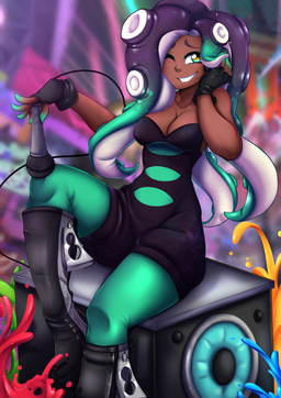 boots breasts cleavage clothed clothing dark_body dark_skin electronics female fingerless_gloves footwear gloves handwear looking_at_viewer microphone one_eye_closed pseudo_hair shoes smile solo speaker suction_cup tentacle_hair tentacles wink rainbowscreen nintendo splatoon marina_(splatoon) animal_humanoid aquatic aquatic_humanoid cephalopod cephalopod_humanoid humanoid mollusk mollusk_humanoid octarian octoling 2017 absurd_res digital_media_(artwork) hi_res shaded