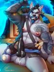 animal_genitalia animal_penis anthro armpit_hair arrow_(weapon) bodily_fluids body_hair bow_(weapon) canine_genitalia canine_penis clothing cum facial_hair genital_fluids genitals hair knot male nipples penis quiver_(object) ranged_weapon solo weapon marlon.cores blizzard_entertainment overwatch hanzo_(overwatch) canid canine canis mammal wolf 3:4 hi_res