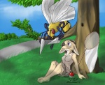 ambiguous_gender anthro bug_catcher detailed_background duo female feral grass insect_wings outside plant pokeball purple_eyes sky standard_pokeball tree wings renardfoxx nintendo pokemon bug_catcher_(pokemon) pokemon_trainer arthropod beedrill canid canine fennec_fox fox generation_1_pokemon hymenopteran insect mammal pokemon_(species) true_fox