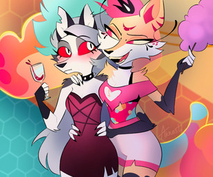 4_arms alcohol anthro arm_tuft bare_shoulders belly beverage black_bra black_clothing black_underwear blue_hair blush bottomwear bra breasts candy choker cleavage cleavage_cutout clothed clothing collar container cotton_candy crop_top cup cutout dessert detailed_background dress drinking_glass duo ear_piercing eye_contact eyelashes female food fur glass glass_container glass_cup gloves_(marking) goo_hair goo_tail grey_body grey_fur grey_hair hair hand_on_shoulder hands_on_another's_waist hands_on_waist holding_candy holding_container holding_cotton_candy holding_cup holding_drinking_glass holding_food holding_object holding_waist holding_wine_glass jewelry long_eyelashes long_hair looking_at_another markings multi_arm multi_limb multicolored_belly multicolored_hair necklace notched_ear open_mouth open_smile piercing pink_bottomwear pink_clothing pink_crop_top pink_eyes pink_hair pink_shirt pink_shorts pink_topwear pseudo_hair pupils red_clothing red_dress red_sclera shirt shorts shoulder_tuft slit_pupils small_waist smile spiked_collar spikes strapless_clothing strapless_dress striped_ears teeth text topwear tuft underwear white_body white_eyes white_fur wide_hips wine wine_glass yellow_body yellow_fur yellow_sclera akrost hellaverse helluva_boss mythology loona_(helluva_boss) queen_bee-lzebub_(helluva_boss) canid canid_demon canine demon fox hellhound mammal mythological_canine mythological_creature 6:5 artist_name hi_res