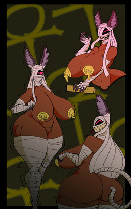 animal_ears animal_tail bandage big_breasts big_butt black_border border breasts butt dark_body dark_skin female genitals green_background huge_breasts huge_butt inner_ear_fluff looking_at_viewer multiple_poses navel pasties pattern_background pink_eyes pink_sclera pose pupils sharp_teeth simple_background slit_pupils smile solo teeth thick_thighs tongue tongue_out tuft vulva wide_hips rot_ware_(artist) n'cathe animal_humanoid cat_humanoid felid felid_humanoid feline feline_humanoid humanoid mammal mammal_humanoid mummy undead hi_res