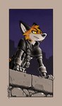 anthro castle castle_wall clothing cowl fur gloves glowing glowing_eyes handwear leaning_on_edge leather leather_clothing leather_gloves leather_handwear orange_body orange_eyes orange_fur serious_face simple_background simple_color simple_coloring simple_colors solo stone_wall wall_(structure) softailfox canid canine fox mammal red_fox true_fox black_and_white comic digital_drawing_(artwork) digital_media_(artwork) hi_res monochrome shaded simple_shading sketch spot_color