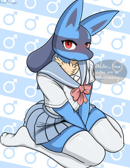 anthro asian_clothing black_body black_fur blue_body blue_fur blush bottomwear clothed clothing crossdressing dialogue east_asian_clothing femboy fur gender_symbol japanese_clothing japanese_school_uniform legwear looking_at_viewer male master red_eyes sailor_uniform school_uniform shirt skirt solo speech_bubble stockings symbol text thigh_highs topwear uniform white_clothing white_legwear white_stockings white_thigh_highs lucaforever nintendo pokemon generation_4_pokemon lucario pokemon_(species) english_text hi_res