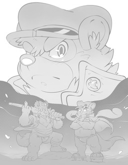 anthro asian_clothing bottomless button_(fastener) clothed clothing east_asian_clothing fundoshi gang hat headgear headwear howard japanese_clothing melee_weapon rock sword underwear uniform weapon gazpacho komoroshi fran_(komoroshi) rocky_(komoroshi) binturong canid canine canis mammal raccoon_dog tanuki viverrid wolf monochrome