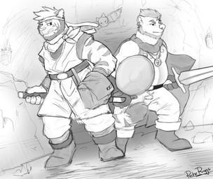 anthro beard belt boots bottomwear clothed clothing duo_focus ear_piercing ear_stud facial_hair facial_markings footwear front_view group hair head_markings holding_melee_weapon holding_object holding_shield holding_sword holding_weapon inside jewelry male markings melee_weapon narrowed_eyes necklace neckwear overweight overweight_anthro overweight_male pants piercing shield shoes short_hair sword teeth trio weapon pache_riggs bear felid mammal pantherine tiger hi_res monochrome signature sketch