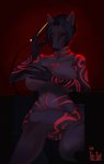 anthro black_body black_skin breasts female fur hair hookah mostly_nude muscular muscular_anthro nude red_eyes simple_background solo tattoo titodart yetzer_hara canid canine demon fox jinn mammal absurd_res digital_media_(artwork) hi_res