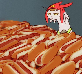 bread clothing food fur hat headgear headwear hot_dog humor male parody solo where_is_your_god_now white_body white_fur nyxondyx space_dandy meow_(space_dandy) alien betelgeusian felid mammal