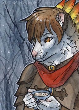 anthro brown_clothing brown_hair brown_topwear cheek_tuft clothed clothing container cup ear_piercing ear_stud facial_tuft female female_anthro fur glistening glistening_eyes hair holding_container holding_cup holding_mug holding_object mouth_closed mug neck_tuft orange_eyes outside piercing pink_nose plant short_hair solo topwear tree tuft white_body white_fur heatherwolf species_request low_res