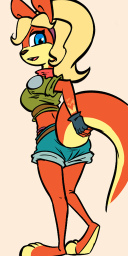 anthro blonde_hair blue_eyes bottomwear clothing female fur grabbing_own_tail hair multicolored_body multicolored_fur orange_body orange_fur paws shirt shorts simple_background solo standing tank_top topwear two_tone_body two_tone_fur soulcentinel violetechoes jak_and_daxter naughty_dog sony_corporation sony_interactive_entertainment tess_(jak_and_daxter) mammal mustelid ottsel digital_media_(artwork)