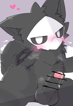 anthro balls black_body black_fur blush blush_lines bodily_fluids dripping front_view fur genital_fluids genitals head_tuft heart_symbol leaking_precum looking_at_viewer male neck_tuft penis precum precum_drip solo stiting_down tail tuft suron_(artist) changed_(video_game) puro_(changed) canid canine canis mammal wolf 2025 censored