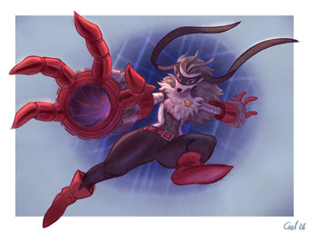 anthro arm_cannon belt bottomwear clothing cybernetic_arm cybernetic_limb female footwear fur grey_body grey_fur grey_hair hair mask mechanical_arm navel pants red_eyes shoes solo star teeth thick_thighs weapon_arm white_body white_fur ciel.chevalier bandai_namco digimon digimon_beatbreak digimon_(species) wolvermon 2026 4:3 digital_media_(artwork) hi_res