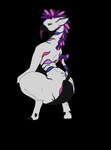 anthro black_sclera crouching ear_piercing female frostedscales fur hair long_tongue looking_at_viewer mane multicolored_hair piercing raised_tail solo sulean_(the_nature_of_predators) tail the_nature_of_predators thick_thighs tongue tongue_out
