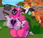 anthro big_breasts breasts cheek_tuft clothed clothing dipstick_tail duo empty_eyes eye_scar facial_scar facial_tuft female fur gun holding_gun holding_object holding_ranged_weapon holding_weapon huge_breasts inner_ear_fluff kneeling male markings obese oblivious orange_body orange_fur overweight pink_body pink_fur pink_hood ranged_weapon scar shadow_face sharp_teeth smile spikes tail tail_markings teeth text thick_thighs thought_bubble tuft weapon white_body white_eyes white_fur wide_hips yellow_eyes thepinkjay5 cd-i epic_games fortnite hotel_mario mario_bros nintendo philips_(company) bowser cuddly_(fortnite) fennix_(fortnite) raven_team_leader bear canid canine fox mammal red_fox true_fox absurd_res hi_res meme