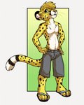 anthro bottomwear clothing featureless_chest footwear male pants sandals shirtless shoes solo likeshine cheetah felid feline mammal hi_res