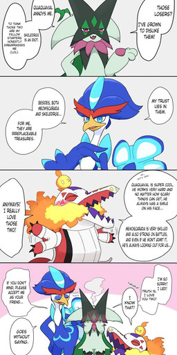 ambiguous_gender anthro blush dialogue group speech_bubble text trio waving_arms natsume_hdn third-party_edit nintendo pokemon generation_9_pokemon meowscarada pokemon_(species) quaquaval skeledirge comic english_text hard_translated hi_res translated translation_edit