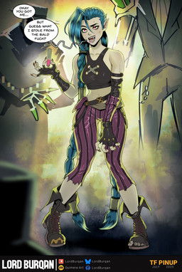 blue_hair boots bottomwear braided_hair clothing dialogue eyeliner eyeshadow fangs female female_focus fingerless_gloves footwear front_view gloves group hair handwear human_to_anthro long_hair makeup pants pattern_bottomwear pattern_clothing pattern_pants potion profanity shoes solo_focus species_transformation speech_bubble standing striped_bottomwear striped_clothing striped_pants stripes teeth text torn_shoes transformation trio lordburqan league_of_legends riot_games tencent jinx_(lol) human mammal 2025 digital_media_(artwork) english_text hi_res