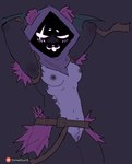 :3 areola arms_above_head belt blush breasts countershading female genitals nipples nude purple_body pussy simple_background solo thick_thighs sinnerbuns epic_games fortnite raven_team_leader