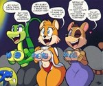 anthro areola biped body_writing breasts clothed clothing clothing_lift crossgender dialogue exposed_breasts female group heart_symbol one_eye_closed panties smile text thick_thighs underwear wink tansau bubsy_(series) gex_(series) sega sonic_the_hedgehog_(series) awesome_possum bubsy gex_the_gecko sonic_the_hedgehog eulipotyphlan hedgehog mammal reptile scalie snake 2023 6:5 english_text