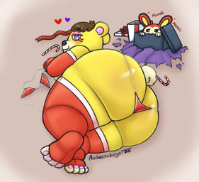 anthro armwear big_butt black_nose blush brown_hair butt christmas_clothing clothing cotton_tail elbow_gloves eyelashes eyeshadow feet female fur gloves hair handwear head_tuft heart_eyes heart_symbol holidays huge_butt legwear looking_at_viewer looking_back looking_back_at_viewer lying makeup on_side panties pink_eyeshadow purple_eyes rear_view red_clothing red_gloves red_handwear red_legwear red_panties red_thigh_highs red_underwear solo thick_thighs thigh_highs tuft underwear wide_hips yellow_body yellow_fur nocheeseburger animal_crossing christmas nintendo tammy_(animal_crossing) bear mammal