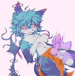 4_fingers animal_genitalia animal_penis anthro ball_fondling balls bite biting_lip biting_own_lip blue_body blue_fur blue_hair blush blush_lines canine_genitalia canine_penis chest_tuft clothing countershade_torso countershading disembodied_hand dragon_tail duo erection fingers floating_ring fondling fur genitals ghost_hand hair handjob heterochromia hypnotic_eyes knot knotted_penis male male_focus notched_ear orange_clothing penile penis ringed_eyes self_bite sex simple_background solo_focus tail tuft white_body white_countershading oskar614 hatoru_(hat0ru) canid canine fox hybrid mammal 2025 absurd_res colored digital_media_(artwork) hi_res signature