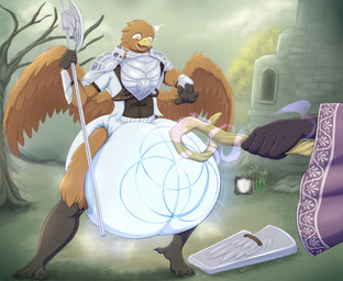 anthro armor big_diaper clean_diaper diaper diaper_inflation duo female front_view halberd looking_down magic male melee_weapon offscreen_character offscreen_female open_mouth polearm standing surprised weapon steelshark elden_ring elden_ring_nightreign fromsoftware guardian_(nightreign) recluse_(nightreign) hi_res