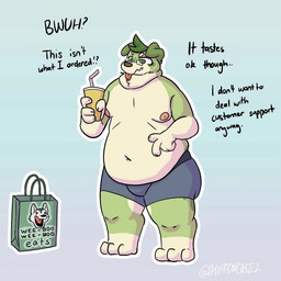 anthro bag belly beverage big_belly boxers_(clothing) boxers_only brown_nose circle_eyebrows clothed clothing container cup disgusted_face eyebrows facial_markings facial_spots floppy_ears food_bag fur green_body green_eyes green_fur hair head_markings head_tuft holding_beverage holding_object male markings moobs navel neck_tuft nipples obese obese_anthro overweight overweight_anthro paws pink_nipples simple_background solo standing tan_body tan_fur text tongue topless tuft underwear underwear_only chiffoncakez chiffon_(chiffoncakez) canid canine canis domestic_dog mammal 1:1 digital_drawing_(artwork) digital_media_(artwork) english_text hi_res