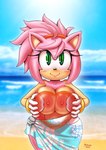 anthro areola beach big_breasts breasts clothed clothing eyelashes female green_eyes hair heart_symbol nipples pink_hair pupils smile solo topless translucent wide_hips michiyoshi sega sonic_the_hedgehog_(series) amy_rose eulipotyphlan hedgehog mammal 2024 hi_res