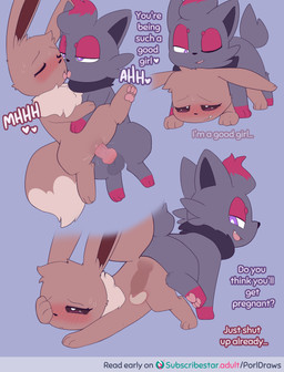 after_transformation animal_genitalia animal_penis ass_to_ass balls bent_spoon_position black_body black_fur black_inner_ear blue_inner_ear blush bodily_fluids brown_body brown_eyes brown_fur canine_genitalia canine_penis cervical_contact clitoris color_coded_text cum cum_in_uterus cum_inside cute_fangs dialogue dipstick_tail doggystyle duo fangs female female_feral female_penetrated feral feral_on_feral feral_penetrated feral_penetrating feral_penetrating_feral filled_womb from_behind_position fur gender_transformation genital_fluids genitals gloves_(marking) good_girl heart_symbol internal internal_vaginal kissing knot knotted_penis knotting leg_markings looking_pleasured male male/female male_feral male_penetrating male_penetrating_female markings orgasm pawpads penetration penile penile_penetration penis penis_in_vagina pink_clitoris pink_mouth pink_pawpads pink_penis pink_tongue pregnancy_risk pupils purple_eyes reverse_doggystyle sex simple_background socks_(marking) spread_legs spreading sweat tail tail_markings teeth text tongue transformation translucent translucent_body uterus vaginal vaginal_fluids vaginal_fluids_on_penis vaginal_penetration vulva white_pupils porldraws nintendo pokemon leif_(nulloffset) taro_(nulloffset) eevee generation_1_pokemon generation_5_pokemon pokemon_(species) zorua absurd_res comic english_text hi_res
