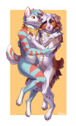4_toes 5_fingers ambiguous/ambiguous ambiguous_gender anthro anthro_on_anthro blue_body blue_eyes blue_fur border brown_body brown_eyes brown_fur brown_spots chest_tuft claws collar collar_only collar_tag crotch_tuft duo featureless_chest featureless_crotch feet fingernails fingers floppy_ears folded_ears front_view fur fur_tuft head_tuft heterochromia hindpaw hug iris kerchief kerchief_only looking_at_another looking_at_partner markings mostly_nude multi_nipple multicolored_body multicolored_fur nails narrowed_eyes neck_tuft neckerchief neckerchief_only neckwear nipples nude outside_border pawpads paws pupils purple_collar purple_sclera simple_background smile snout spots spotted_body spotted_fur toe_claws toes tuft white_body white_border white_fur yellow_background yellow_kerchief yellow_neckerchief yellow_sclera ruribec canid canine canis domestic_dog mammal 2020 absurd_res colored digital_media_(artwork) hi_res shaded signature