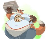 anthro belly big_belly canid canine captainjusticevirtsuoso clothed clothing container food fox fur hat headgear headwear holding_food holding_object justicecaptainv love_handles male mammal midriff moobs morbidly_obese morbidly_obese_anthro morbidly_obese_male navel obese obese_anthro obese_male orange_body orange_fur overweight overweight_anthro overweight_male pizza pizza_box smile solo thick_thighs white_body white_fur wide_hips